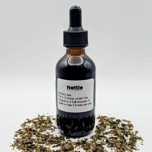 Bottle of Nettle extract with dried nettle leaves on a white background