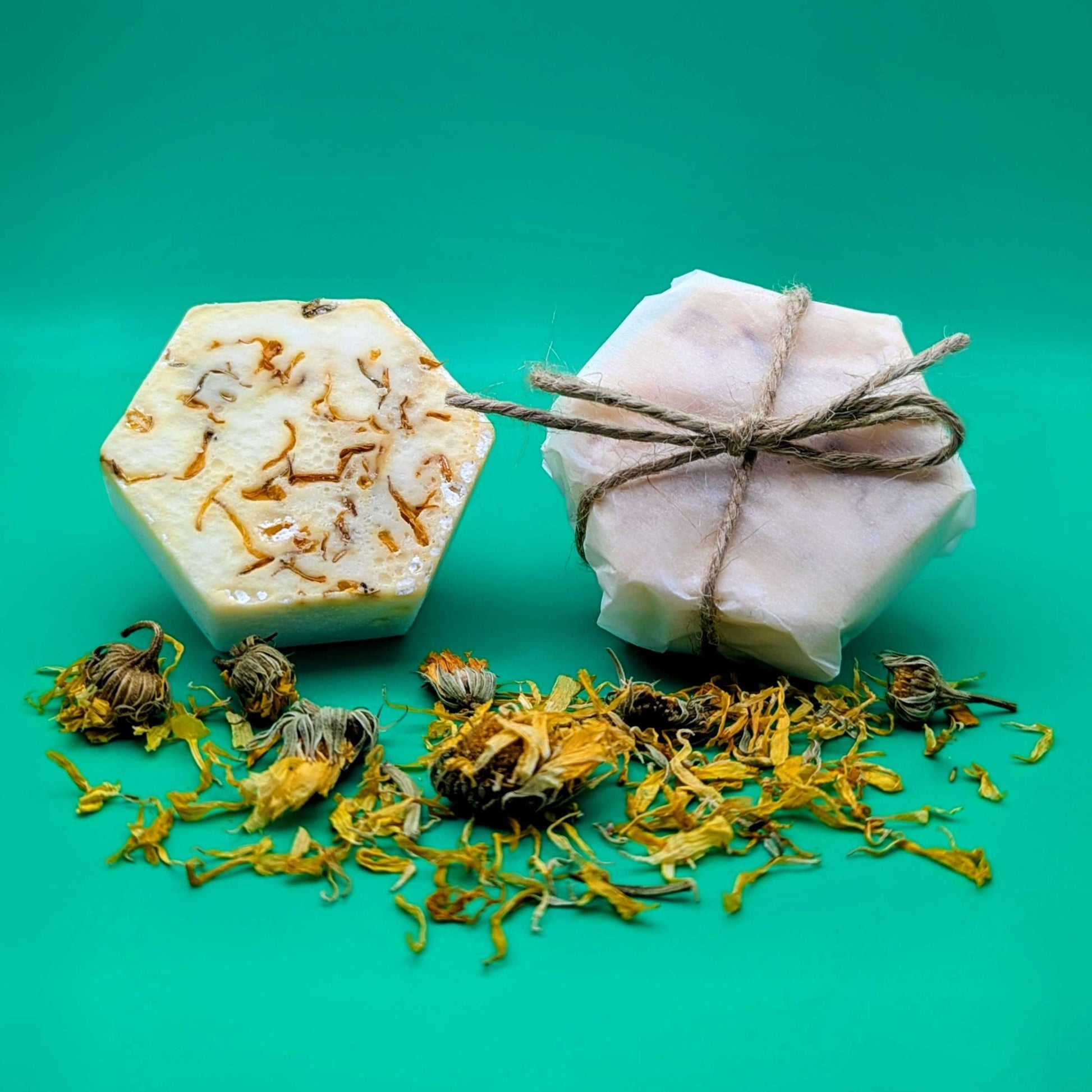 Two soap bars with natural elements on a teal background